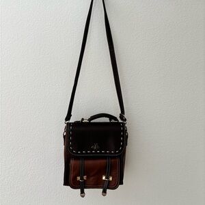 Two Toned Brown Faux Leather Women's Handbag with Gold Accents and Bee Hardware